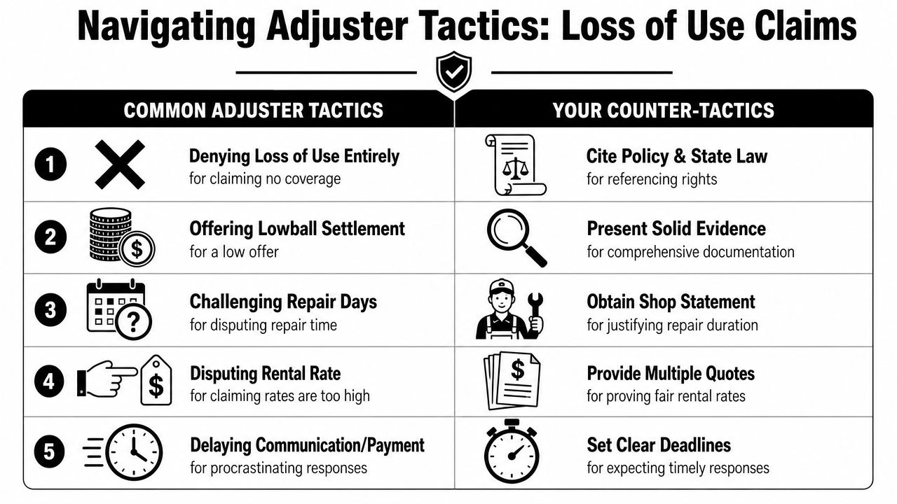 A table comparing common insurance adjuster tactics for loss of use claims with recommended policyholder counter-tactics.