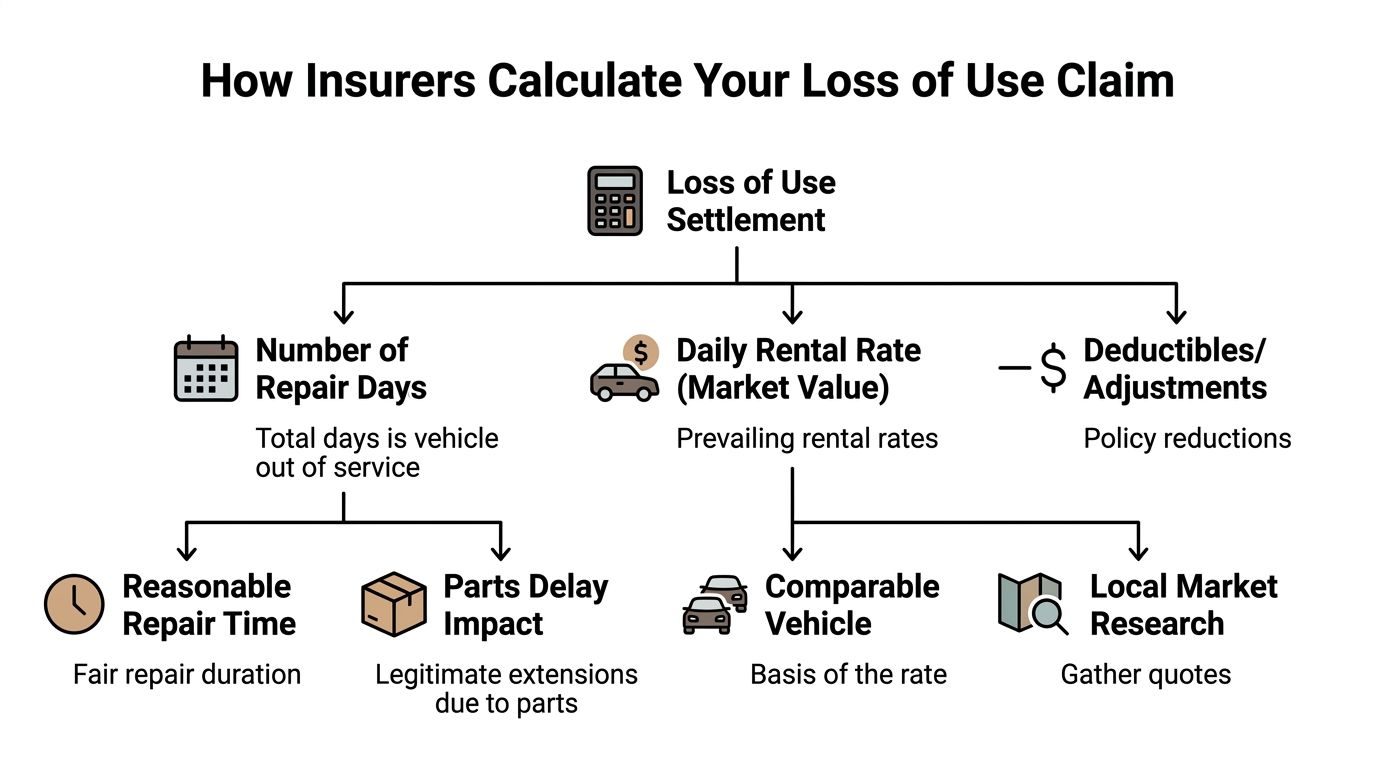 A flowchart explaining how insurance companies calculate loss of use settlement claims for vehicles out of service.