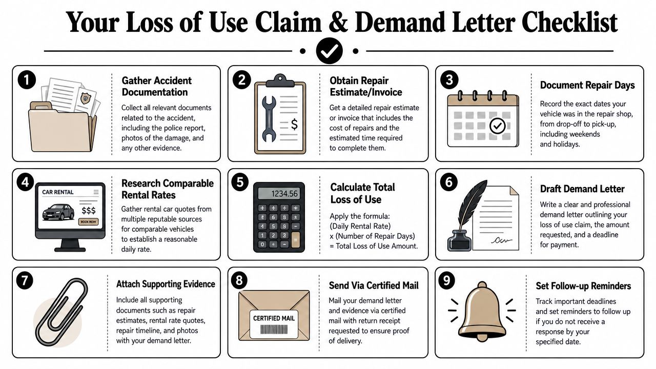 An infographic checklist outlining nine steps to file a loss of use claim for a rental car.