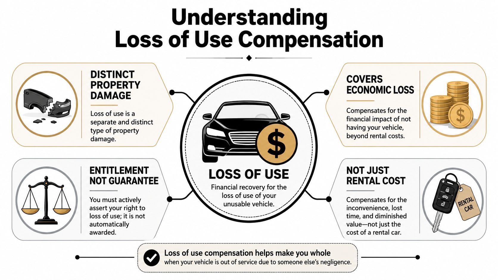 An infographic explaining loss of use compensation for vehicle owners involved in accidents due to negligence.