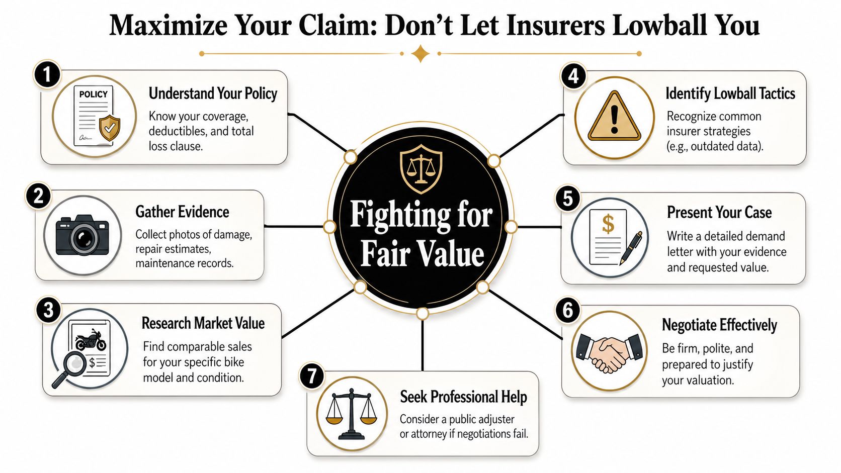 An infographic detailing seven steps to maximize a motorcycle insurance claim and avoid unfair settlement offers.