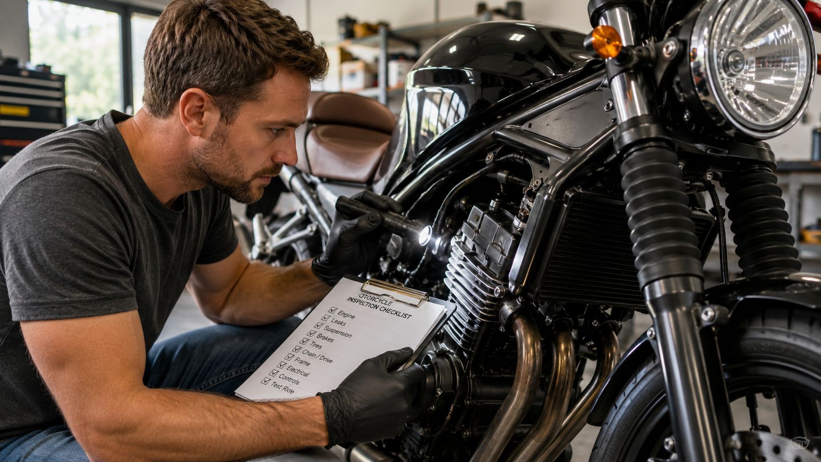 A professional mechanic wearing black gloves inspects a motorcycle engine with a flashlight and a checklist.