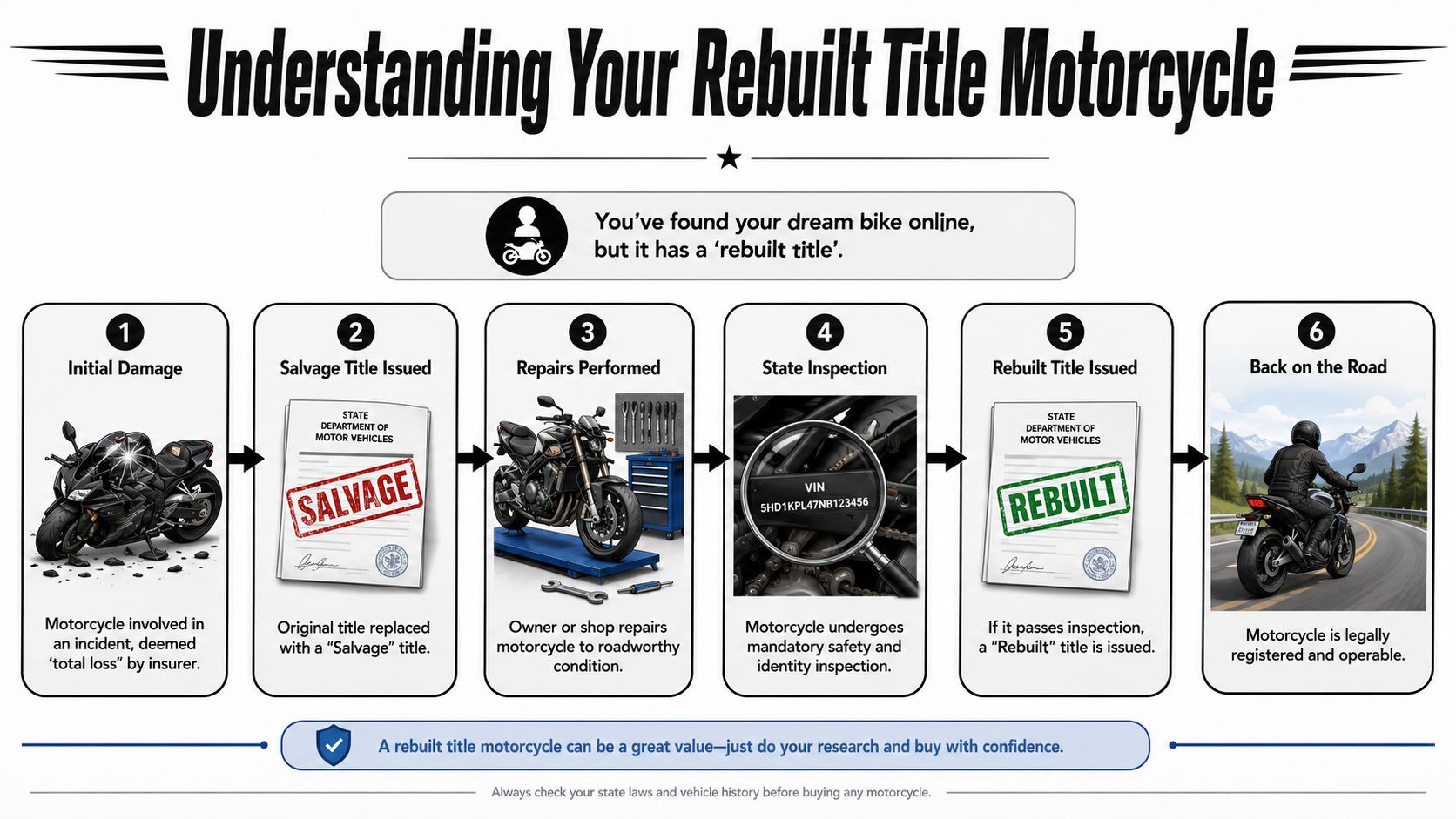 A diagram outlining the six-step process from initial damage to obtaining a rebuilt title for a motorcycle.