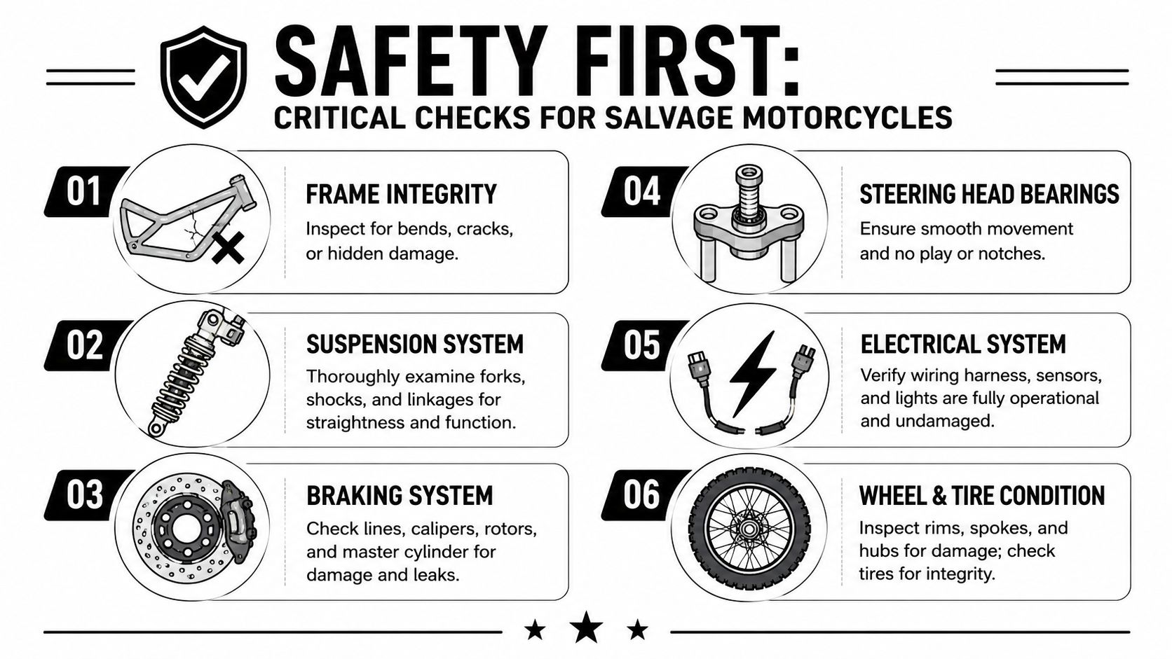 An infographic detailing six critical safety checks for inspecting salvage title motorcycles before riding them.