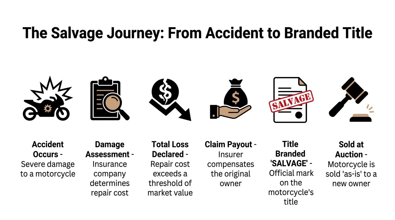 An infographic showing the salvage journey process for a motorcycle from an accident to a branded title.