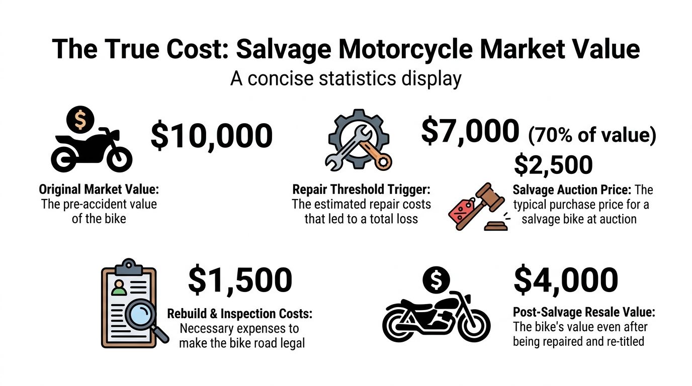 An infographic showing the financial breakdown and costs associated with buying and rebuilding salvage title motorcycles.