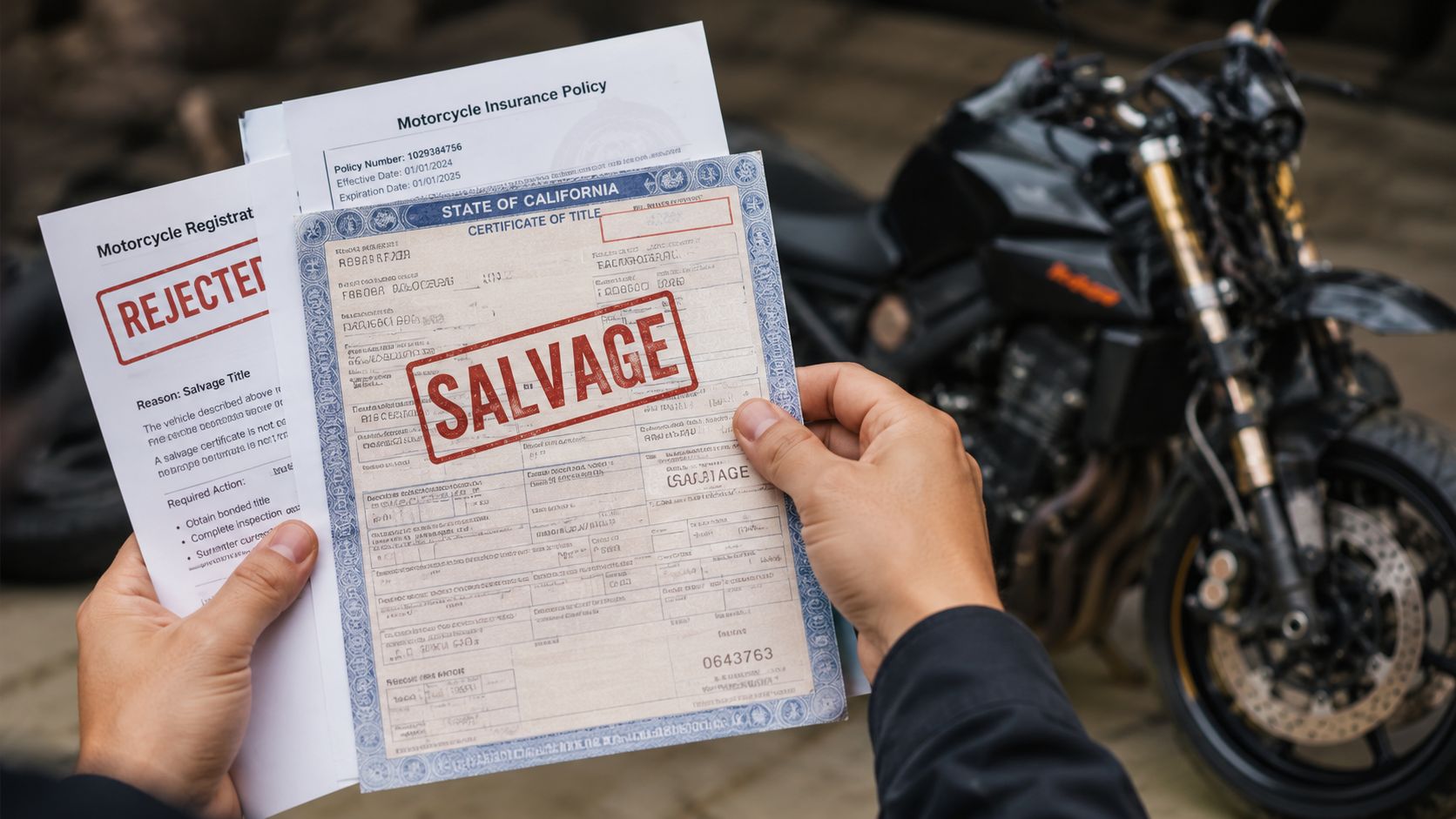 A person holding a rejected motorcycle registration and a salvage title document with a bike nearby.