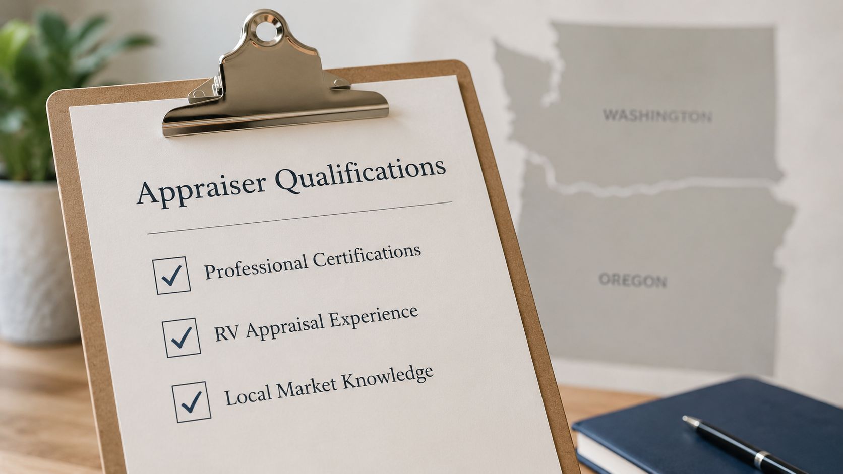 A clipboard showing a checklist of appraiser qualifications placed next to a map of Washington and Oregon.