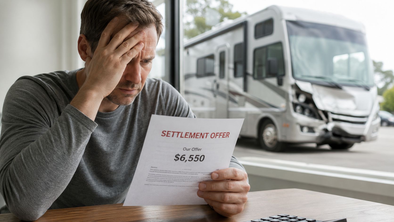 A distressed man looks at a disappointing insurance settlement offer letter in front of a damaged motorhome.
