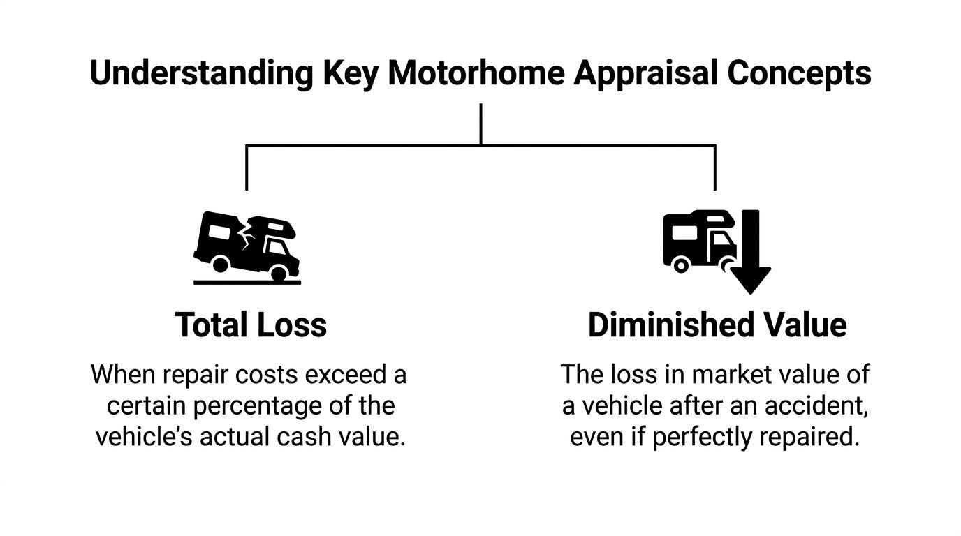 A diagram explaining the concepts of total loss and diminished value in motorhome appraisal.