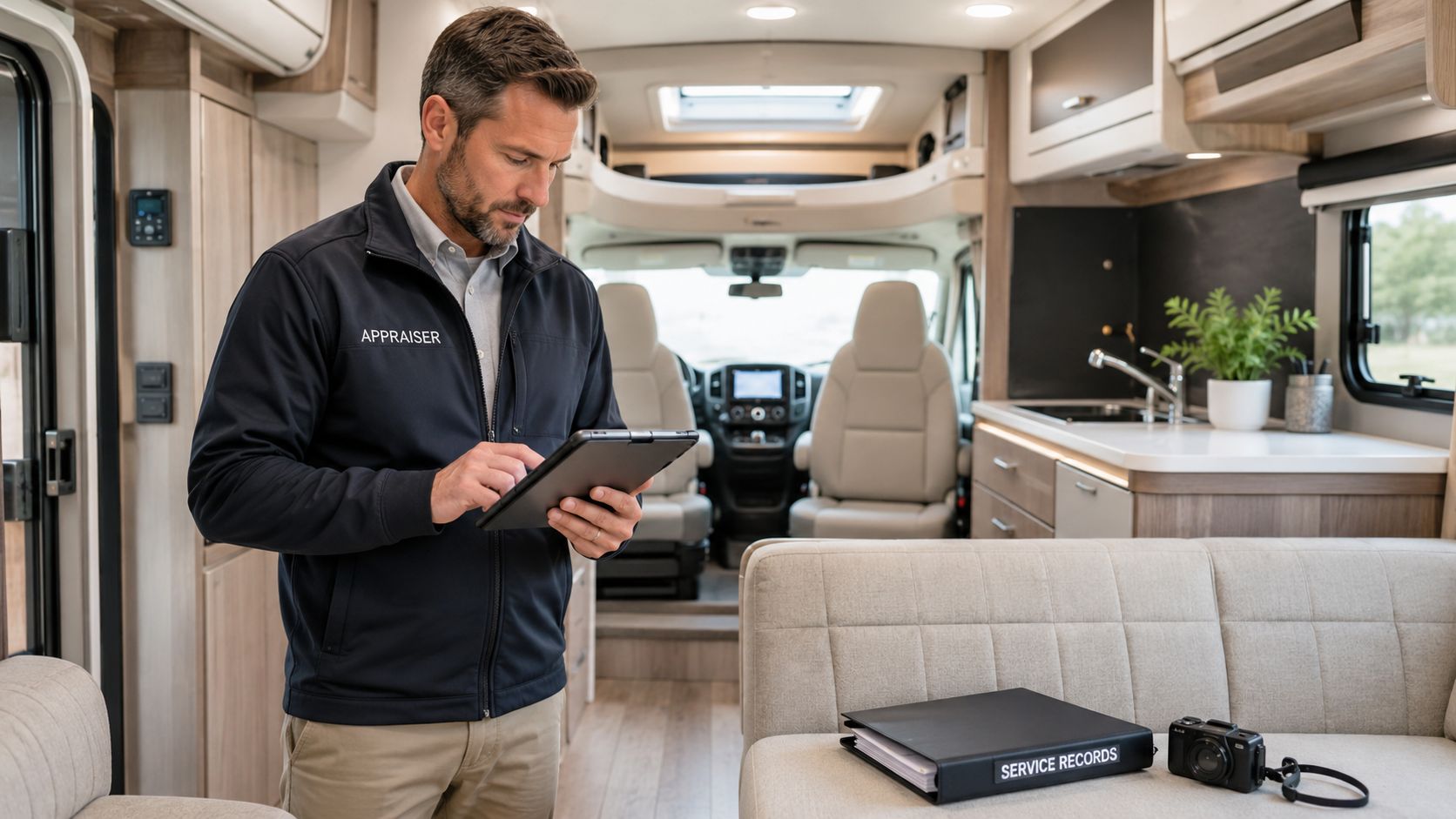 A professional appraiser checking motorhome documentation inside a modern recreational vehicle with a tablet and service records.