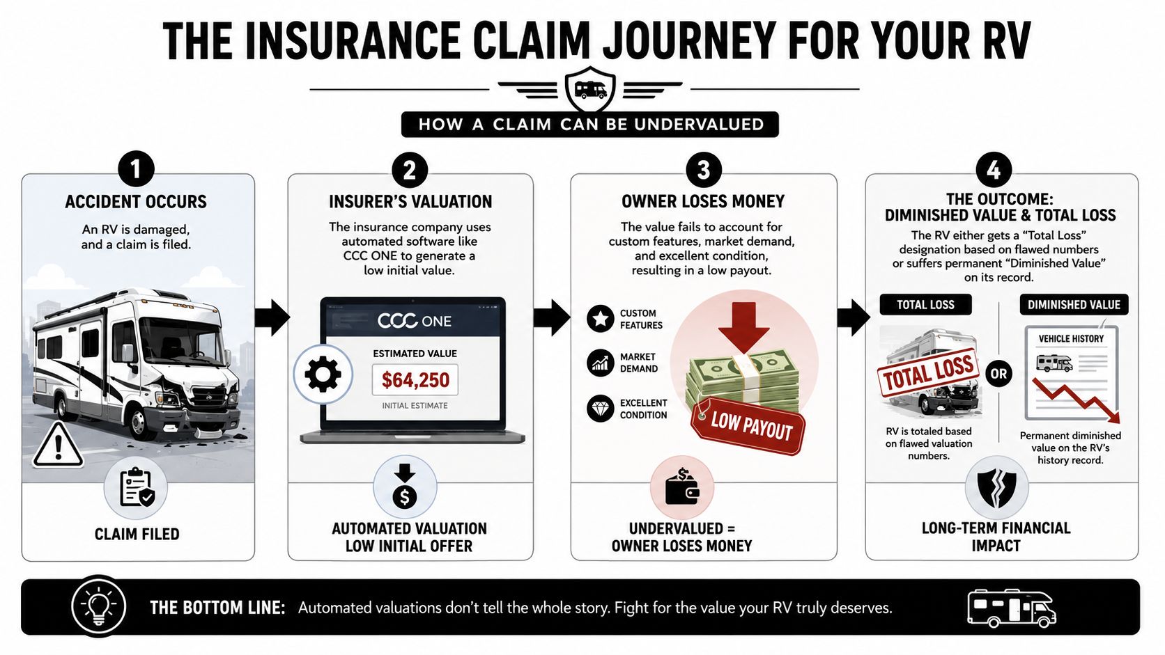 An infographic illustrating how automated insurance valuations can result in undervalued RV total loss claim payouts.