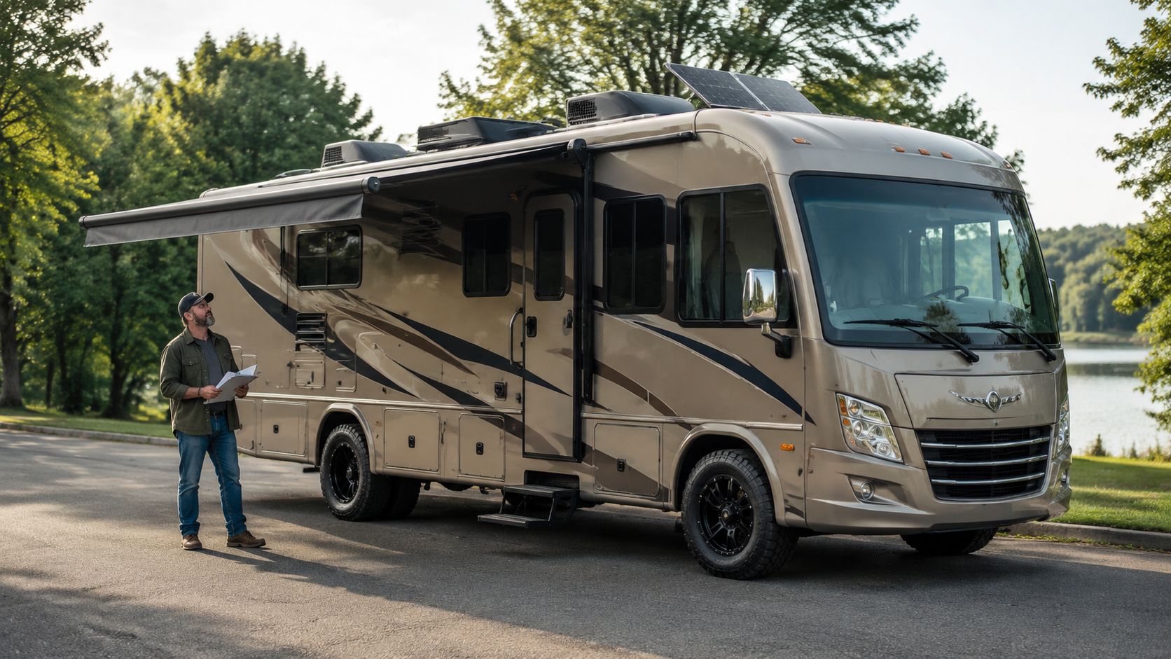 A man inspecting a modern recreational vehicle motorhome outdoors while holding an appraisal document.