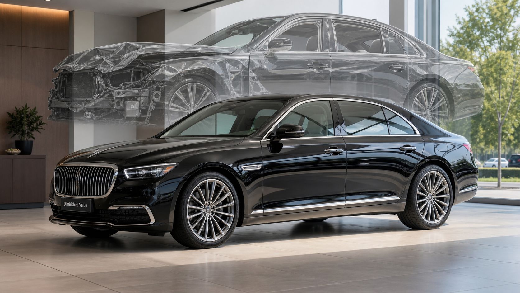 A black luxury sedan shown alongside a ghosted wireframe overlay of a severely damaged crashed vehicle.