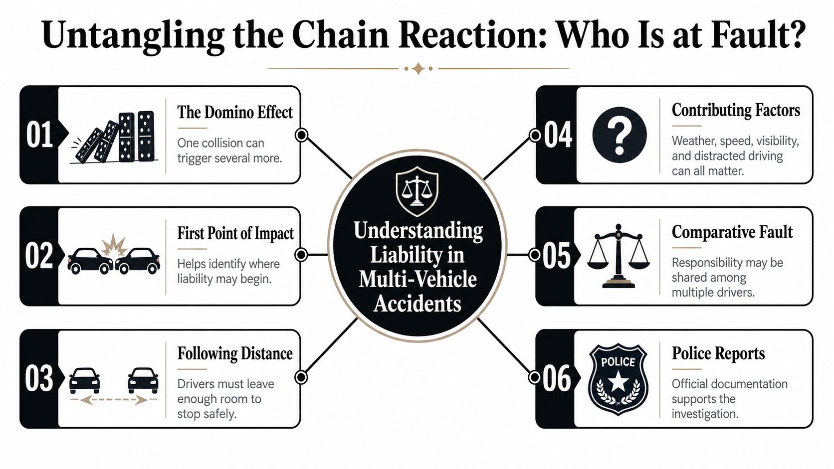 An infographic titled Untangling the Chain Reaction explaining how liability is determined in multi-vehicle accidents.
