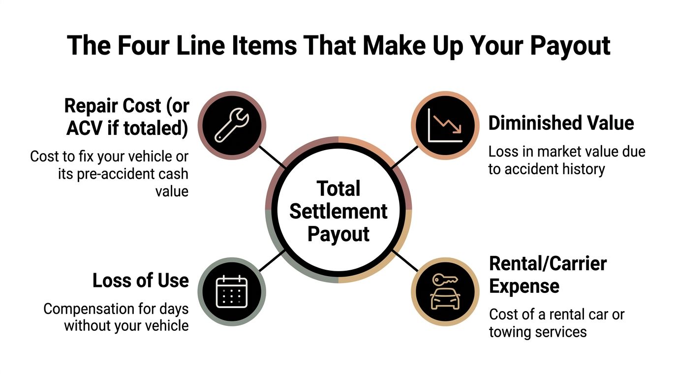 A diagram outlining the four components that contribute to a total accident settlement payout for vehicle claims.