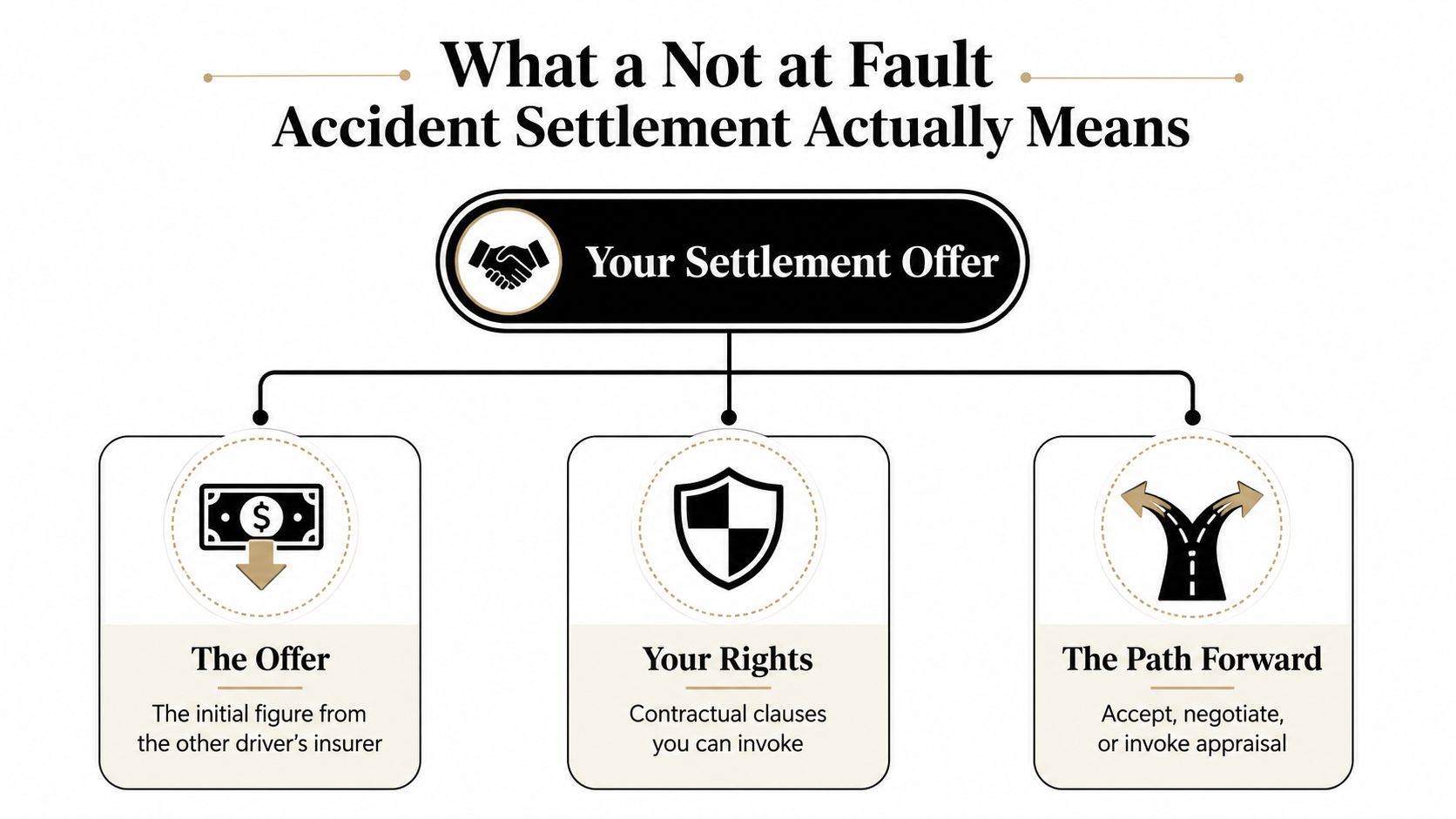 A diagram explaining the components of a not at fault accident settlement offer and the process.