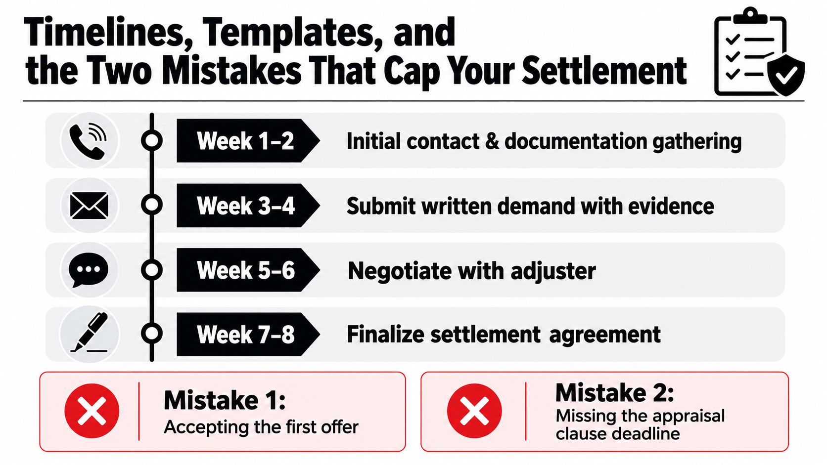 An infographic detailing an eight-week insurance settlement timeline and two common mistakes to avoid during negotiations.