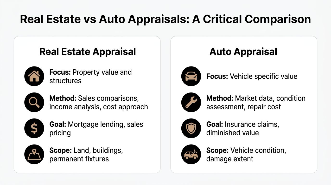 A comparison chart outlining key differences between real estate appraisals and automotive appraisals for valuation purposes.