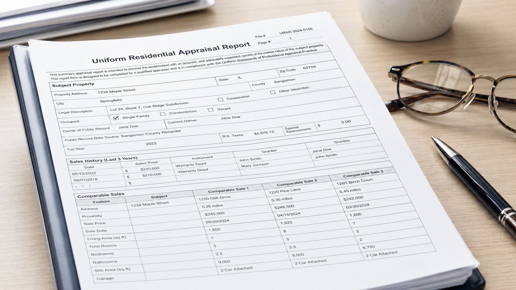A printed residential appraisal report document sits on a wooden desk with glasses and a pen.