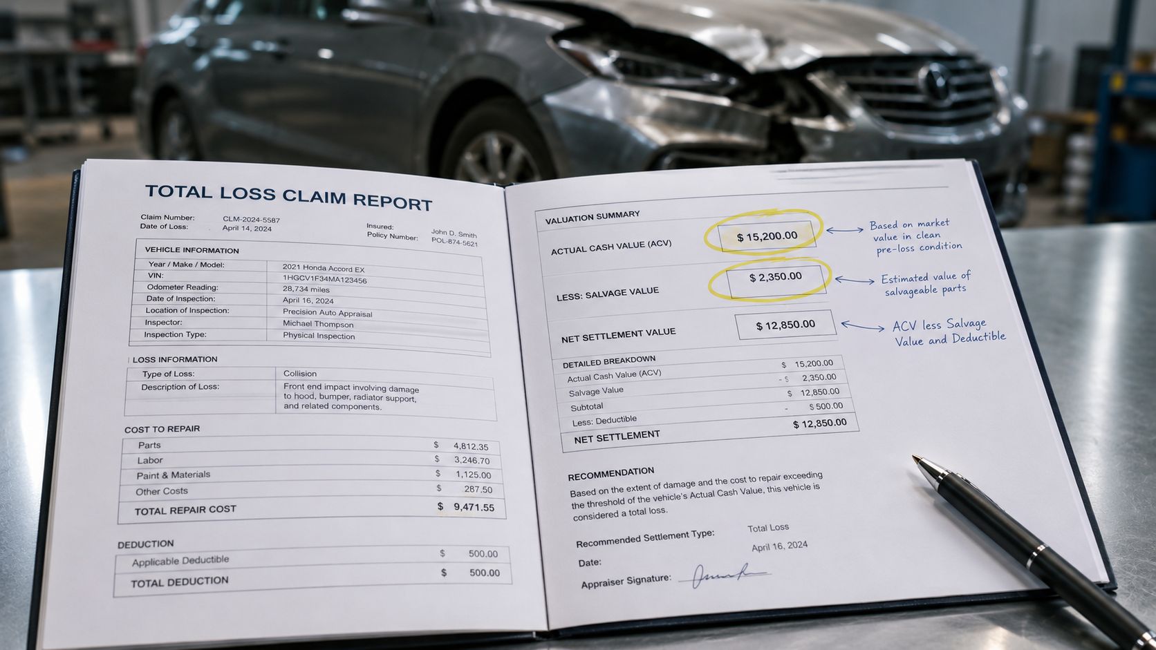 A total loss insurance claim report for a 2021 Honda Accord sits on a desk near a damaged car.