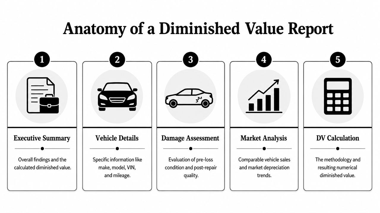 A diagram outlining the five key components of a professional vehicle diminished value appraisal report.