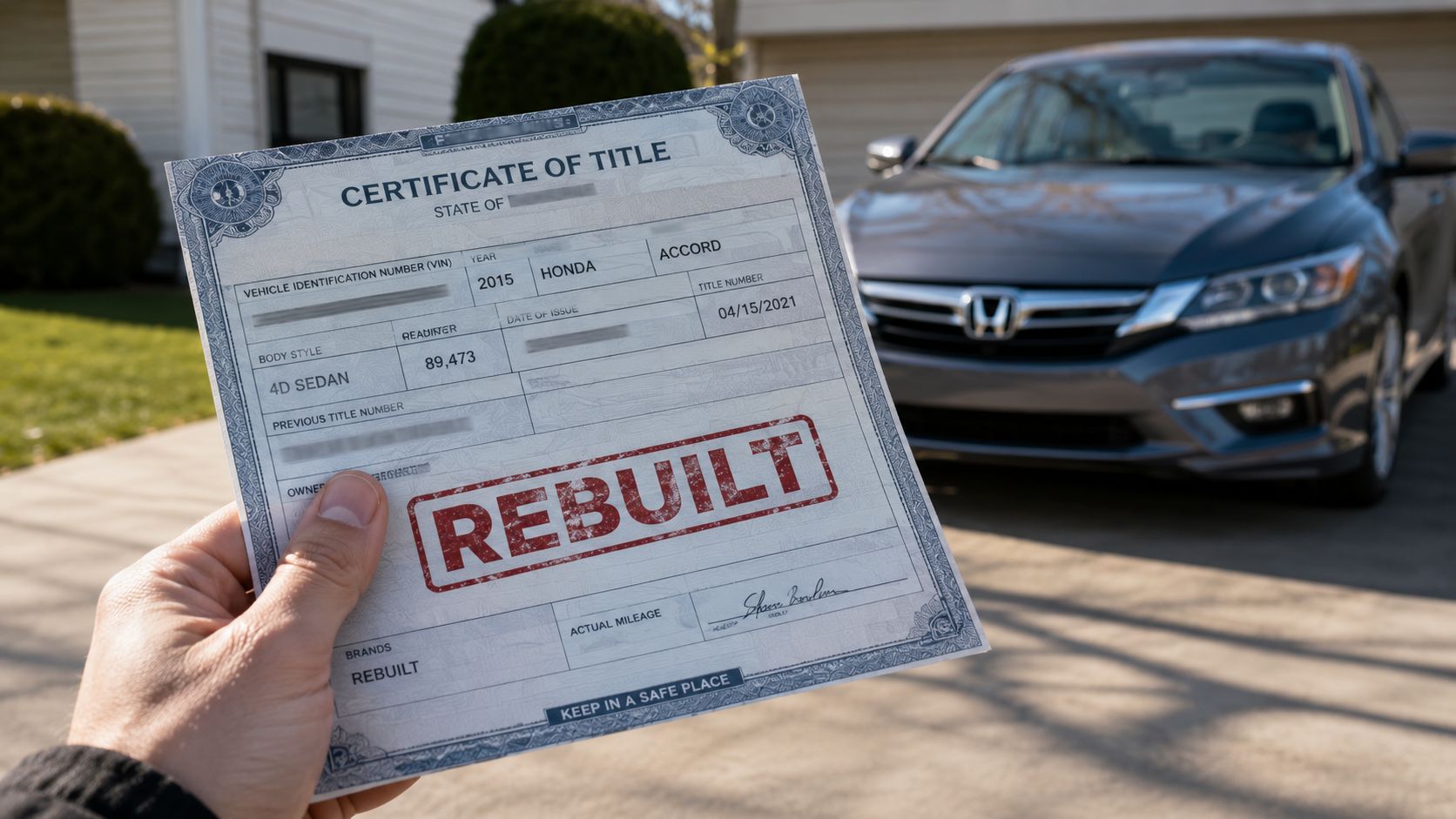 A person holds a 2015 Honda Accord certificate of title document stamped with the word REBUILT.