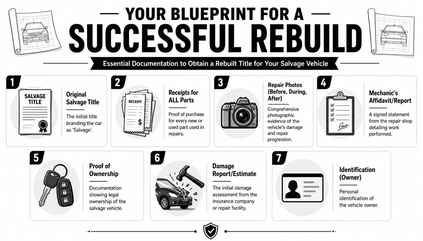 An infographic detailing seven essential documents required to obtain a rebuilt title for a salvage vehicle.