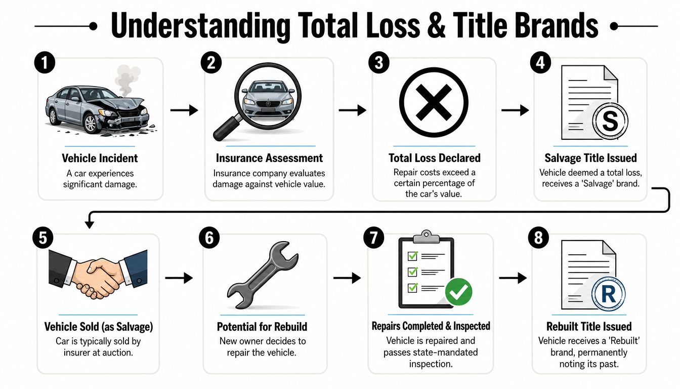 An infographic showing the 8-step process of how a damaged car receives a salvage and rebuilt title.