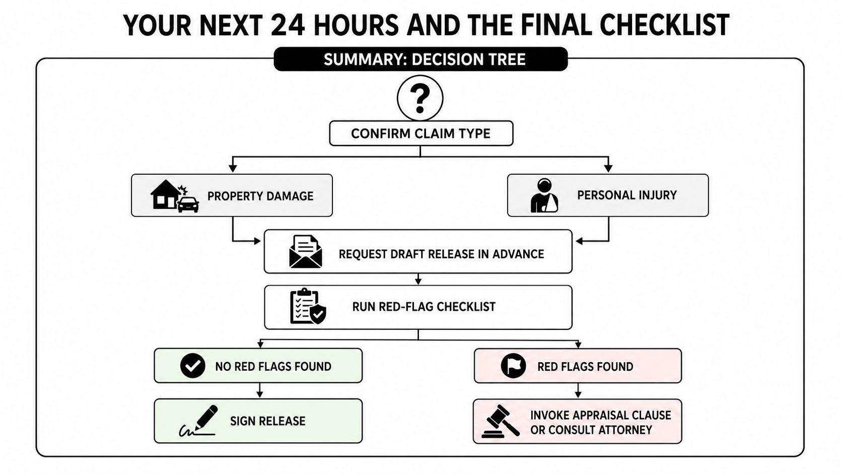 A decision tree flowchart illustrating the final steps for processing property damage or personal injury insurance claims.