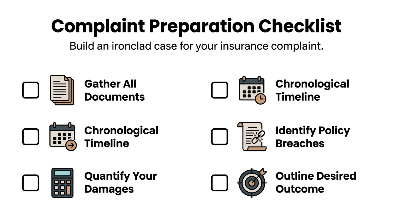 A checklist for preparing an insurance complaint, illustrating six key steps to build a strong case.