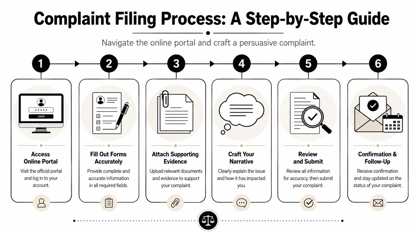 A six-step infographic guide explaining the process for filing a formal complaint online.