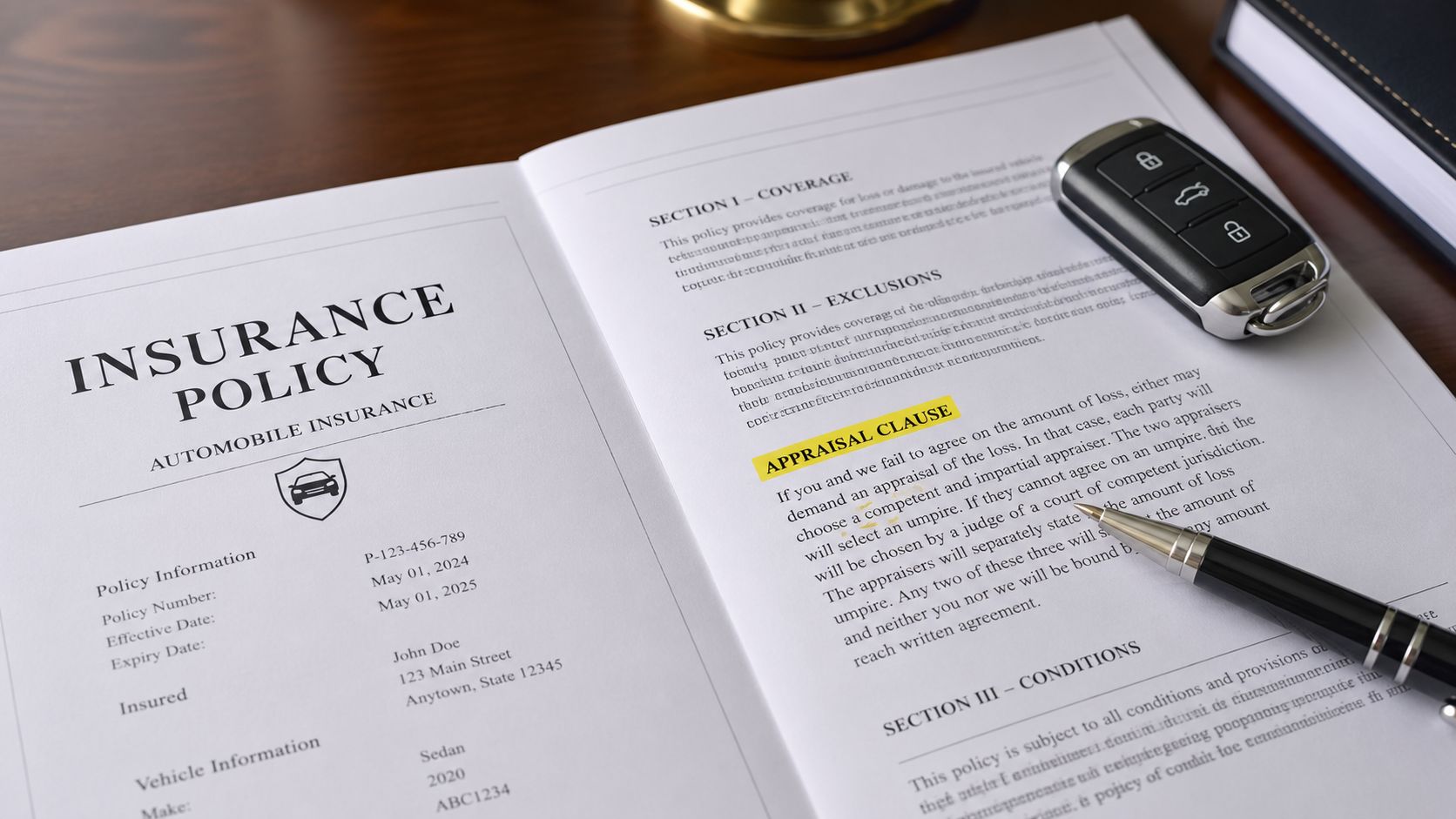 An open automobile insurance policy document with a car key and a pen on a wooden desk.