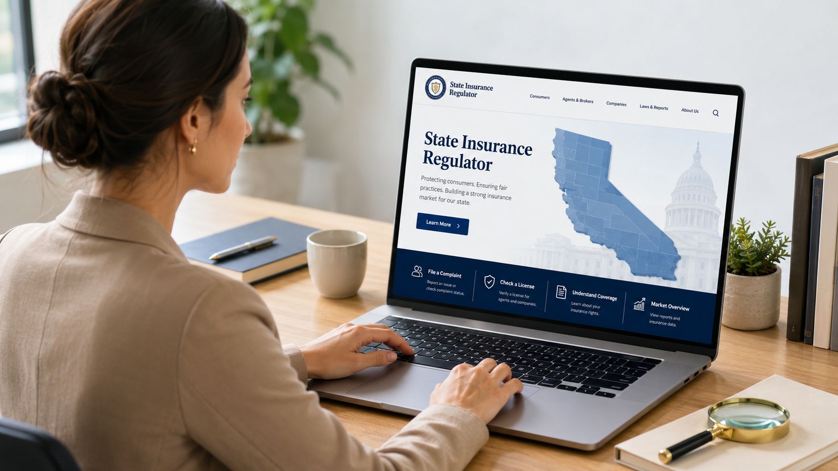 A professional woman using a laptop to browse the State Insurance Regulator website at her wooden desk.