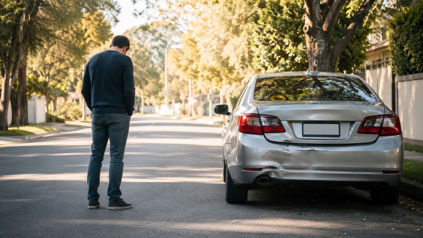 A man standing next to a silver sedan with visible rear bumper damage on a residential street.