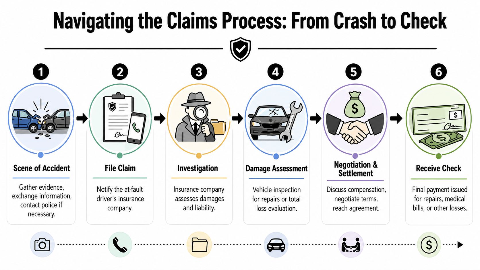 A six-step infographic detailing the insurance claims process from the initial accident scene to receiving a final payment.