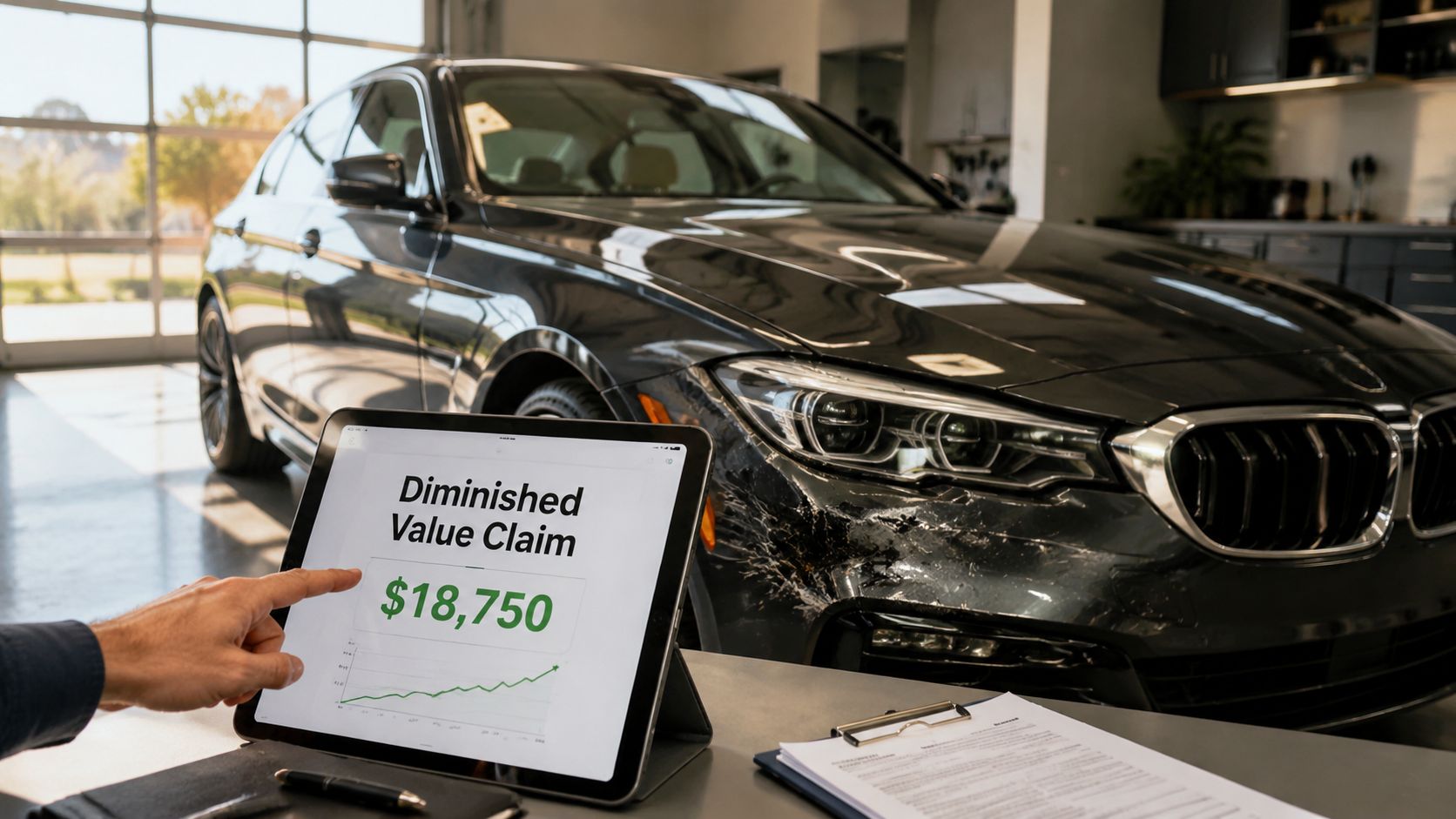 A person pointing to a tablet screen displaying a $18,750 diminished value claim next to a damaged car.