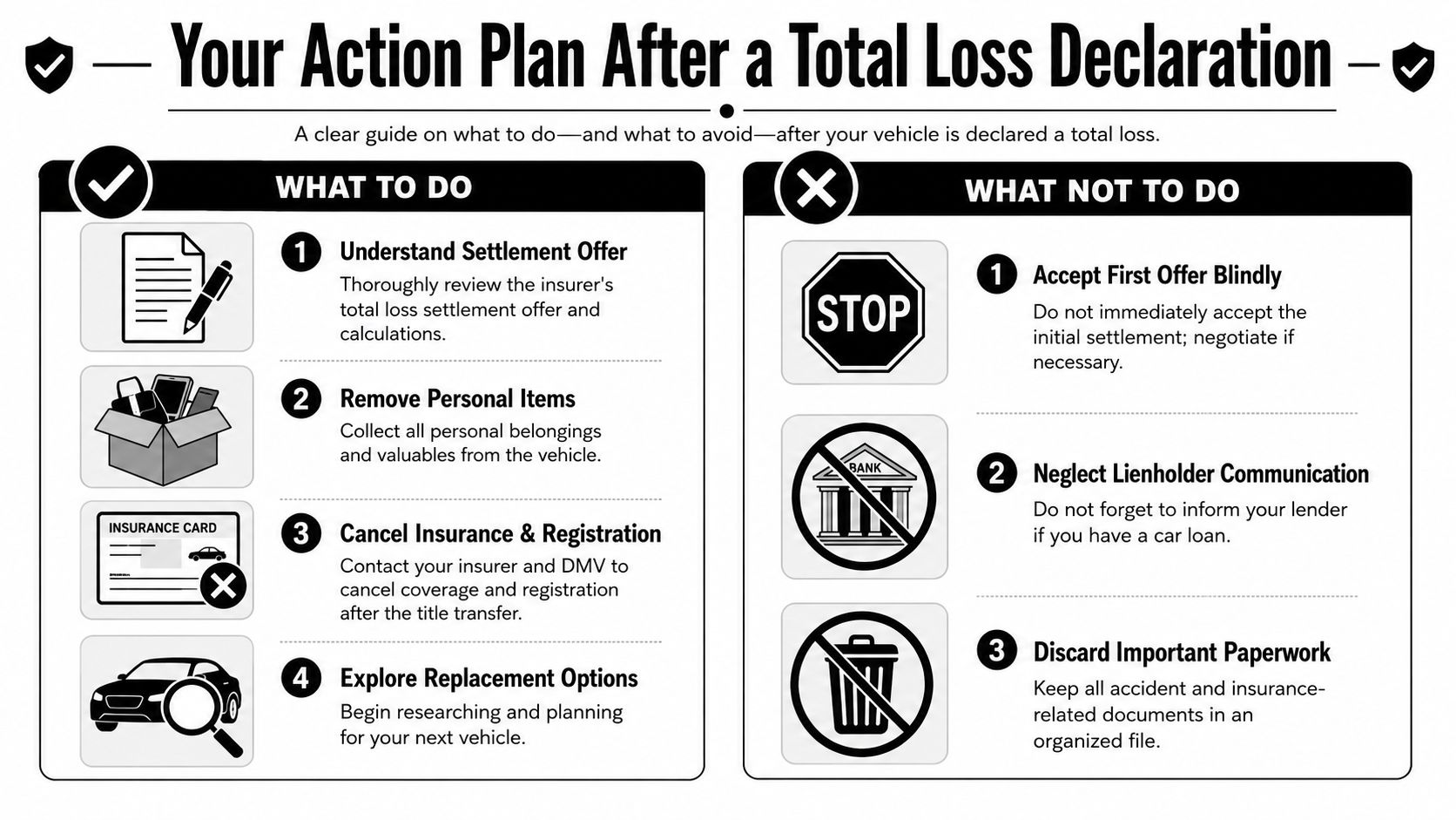 An infographic titled Your Action Plan After a Total Loss Declaration detailing steps to take and avoid.