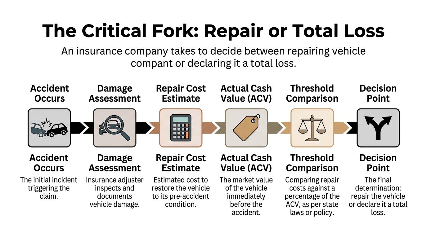 An infographic diagram explaining the insurance company process for determining if a vehicle is a total loss.