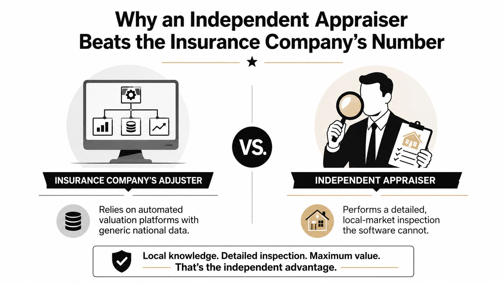A comparison graphic showing an insurance company's automated valuation versus an independent appraiser's detailed local inspection.