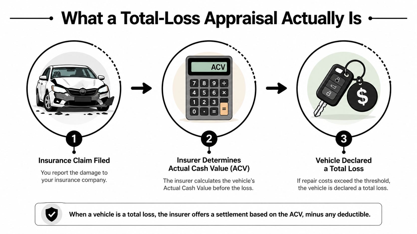 A three-step infographic explaining the vehicle total-loss appraisal process and insurance settlement procedure after an accident.