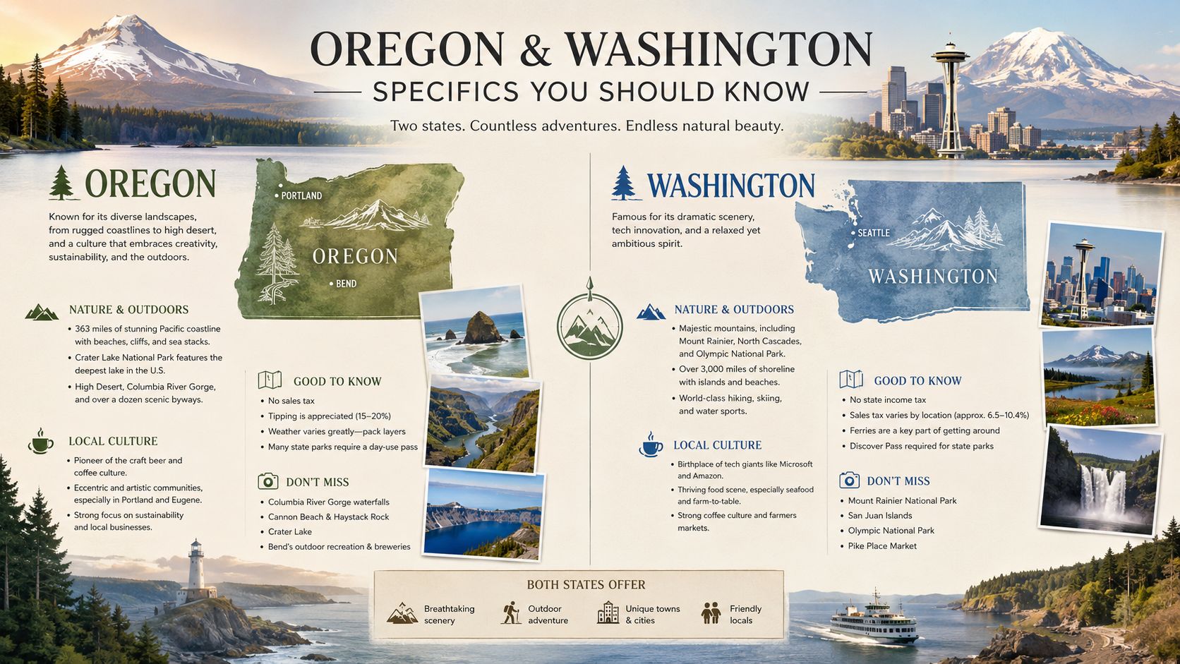 An infographic comparing the states of Oregon and Washington with key features, travel tips, and destinations.