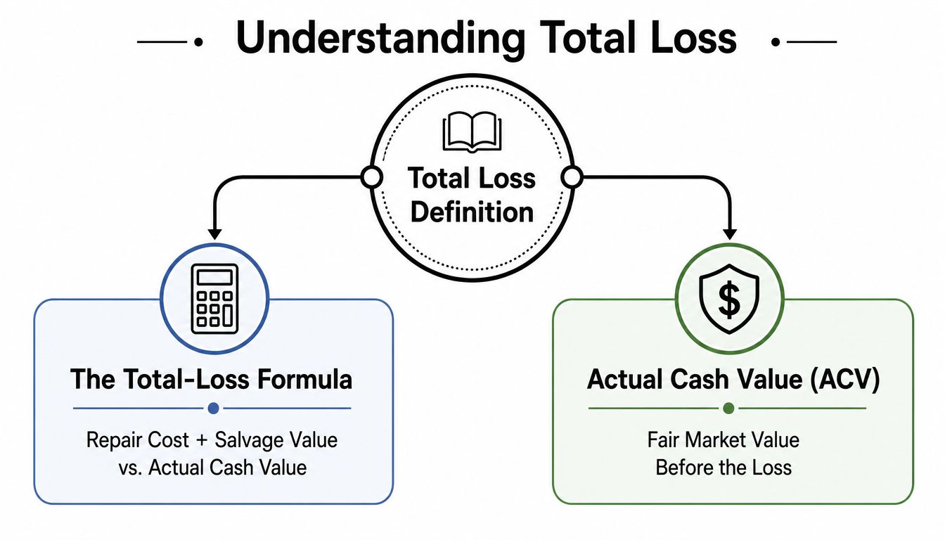 A diagram explaining total loss definition, the total loss formula, and actual cash value concepts.