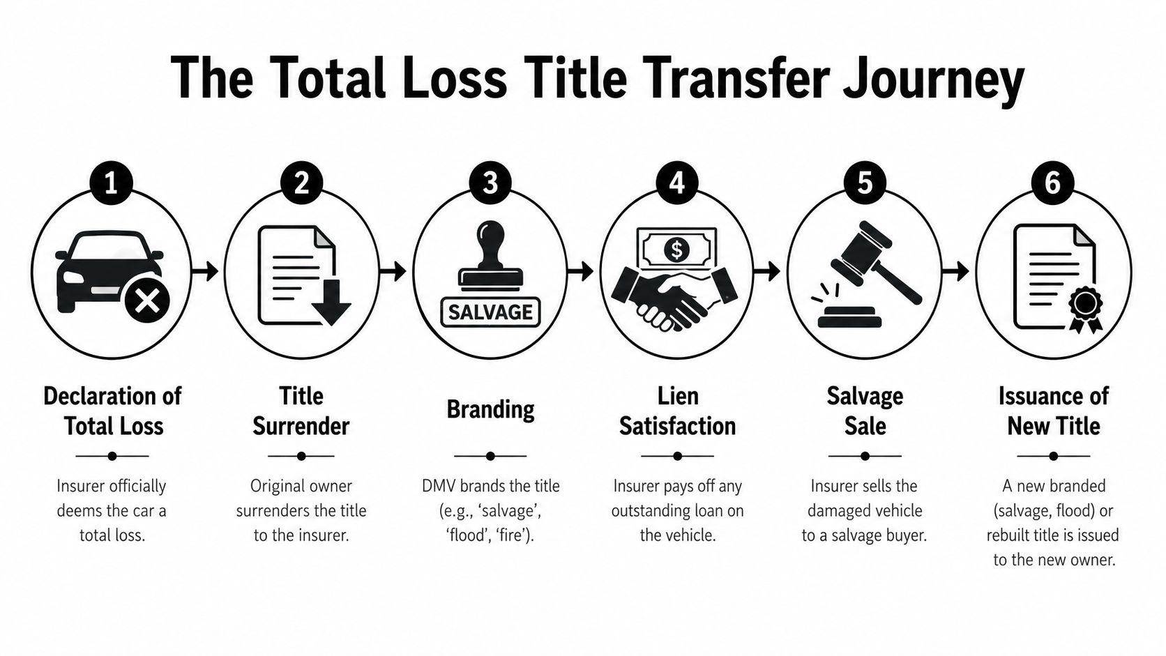 A six-step infographic detailing the total loss title transfer process for damaged vehicles and insurance claims.