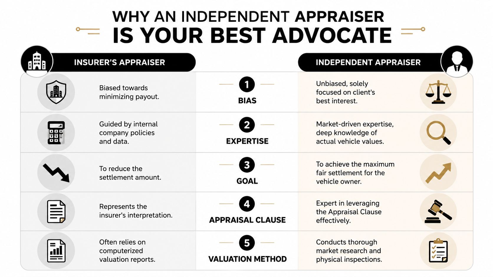 A comparison chart showing how an independent appraiser protects vehicle owners against insurer-biased settlement processes.
