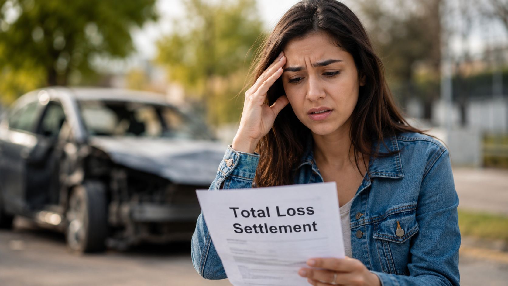 A distressed woman holding a Total Loss Settlement document with her damaged car in the background.