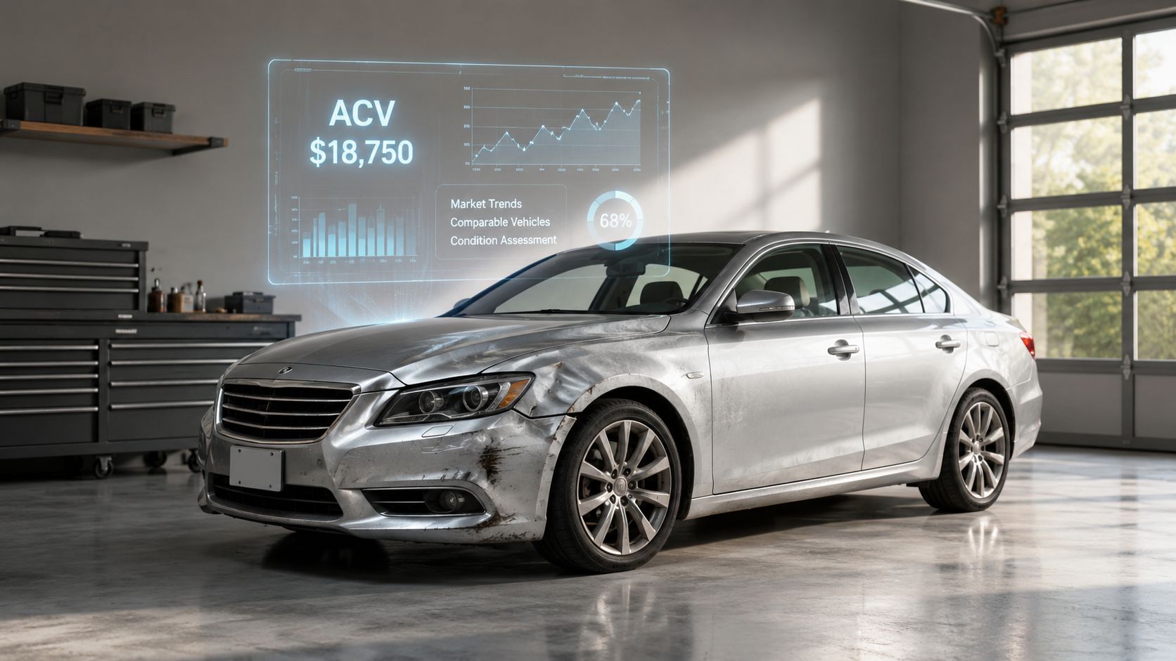A damaged silver sedan in a garage with a holographic data overlay displaying car valuation and metrics.