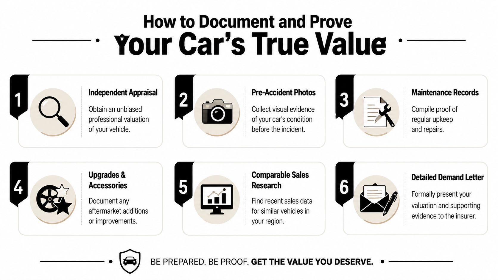 A six-step infographic on how to document and prove your car's true value for insurance claims.