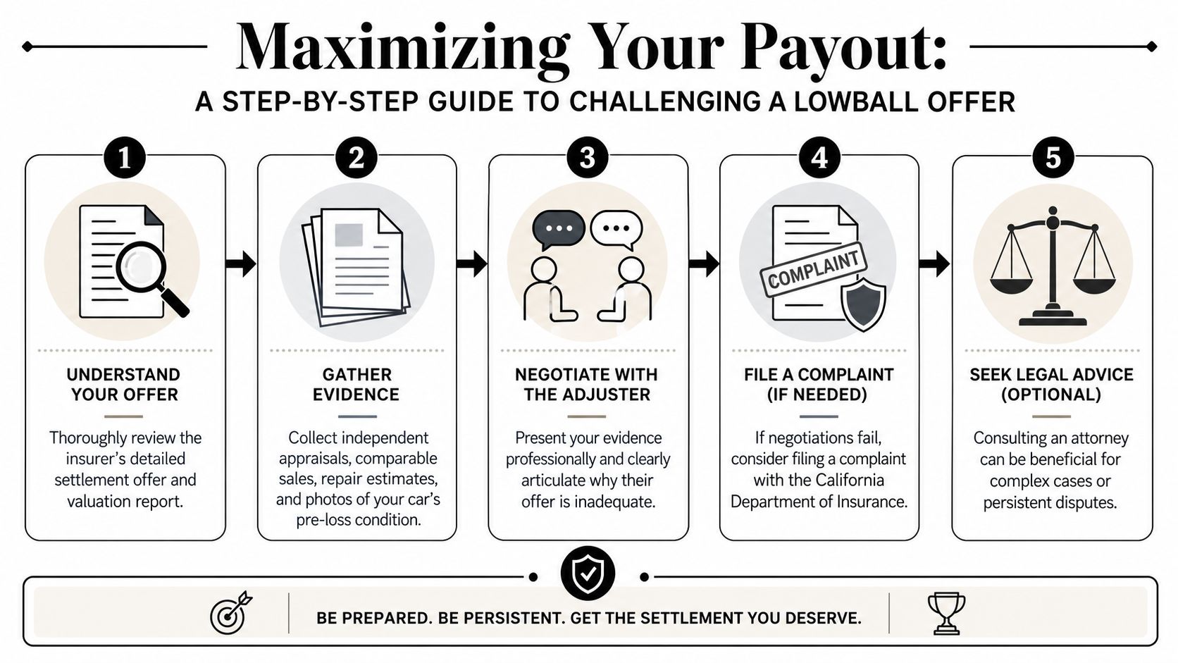 A five-step guide on how to maximize your car insurance payout after receiving a lowball settlement offer.