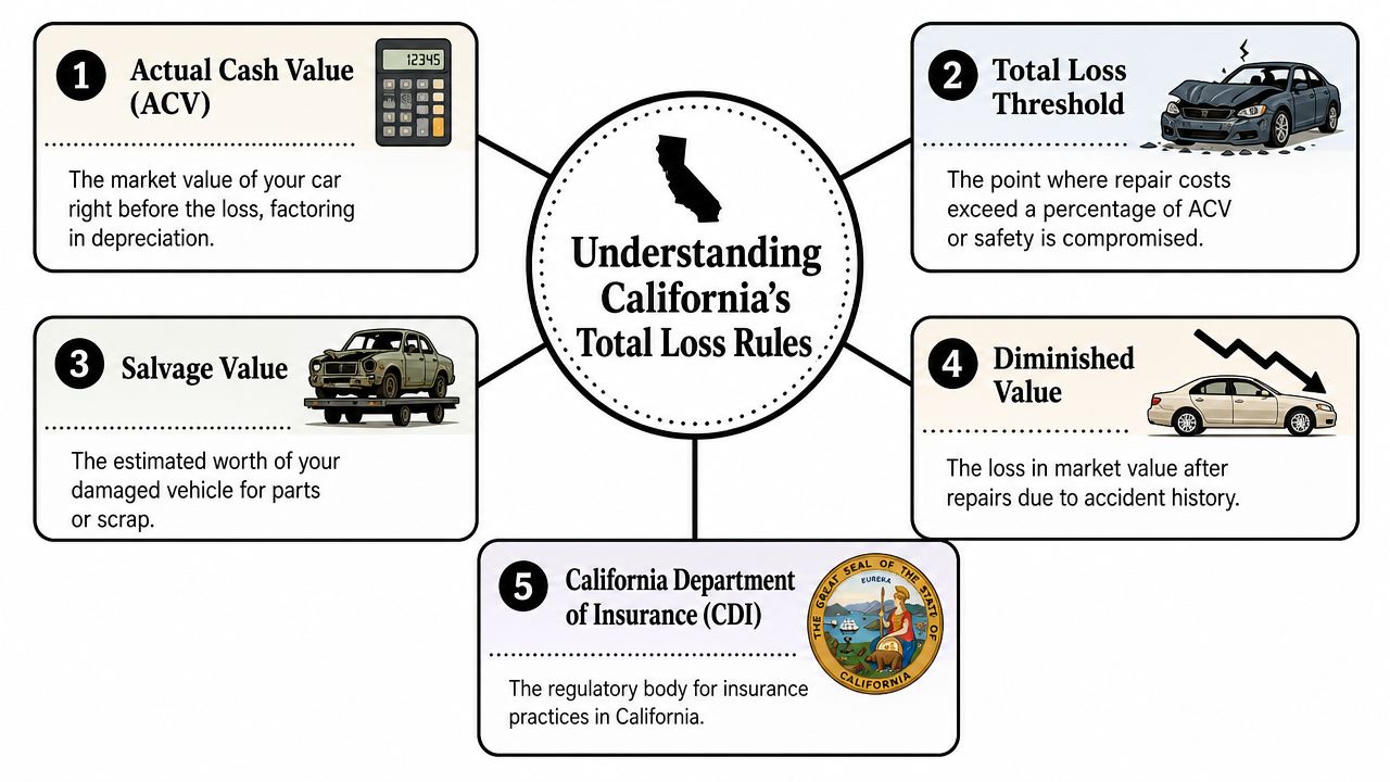 An infographic explaining five key concepts regarding total loss vehicle insurance settlements in California.
